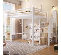 Kebnor Cama alta, marco de hierro, escalera, espacio de almacenamiento abierto debajo de la cama, diseño de ventana, barandilla de seguridad, sin colchón blanco, 140 x 200 cm