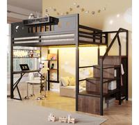 Kebnor Cama alta, marco de hierro, pared perforada, varios estantes, escritorio, con puerto USB, barandilla de seguridad, con barra de luz LED, patas en forma de K, sin colchón negro, 140 x 200 cm