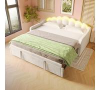 Kebnor Cama de día con cama nido, sofá cama, cama individual, doble, terciopelo, tira LED que cambia de color, 90 x 200 cm (180 x 200 cm) (sin colchón) (beige)