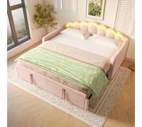 Kebnor Cama de día con cama nido, sofá cama, cama individual, doble, terciopelo, tira LED que cambia de color, 90 x 200 cm (180 x 200 cm) (sin colchón) (rosa)