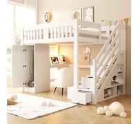 Kebnor Cama de madera de 140 × 200 cm, escalera con espacio de almacenamiento, escritorio con enchufe europeo, barra de luz LED multicolor, armario individual, banco con espacio de almacenamiento