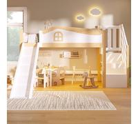 Kebnor Cama de media altura, 90 x 200 cm, barandilla de seguridad, escalera de almacenamiento, tobogán, con tira de luz LED, color blanco