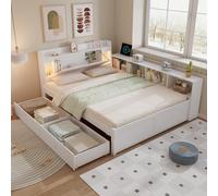 Kebnor Cama individual, cama con panel, cabecero con compartimento de almacenamiento + 2 luces, con toma de carga, armarios de almacenamiento laterales y cajones, pino+aglomerado+MDF, blanco (140 x