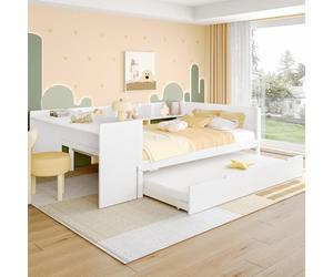 Kebnor Cama plana de madera, con escritorio, cama plegable, cama doble, con estantes, madera de pino+aglomerado (sin colchón), color blanco (con cama abatible), 140 x 200 cm