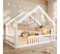 Kebnor Cama plana para niños con rejilla, listón de casa, madera de pino, sin colchón, estilo minimalista, color blanco (90 x 190 cm)