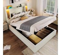 Kebnor Cama tapizada, 90 x 200 cm, con función de carga USB tipo C, sin colchón, compartimento de almacenamiento con tapa abatible, almacenamiento multifuncional, iluminación LED, pulsador/aplicación