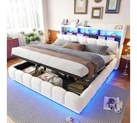 Kebnor Cama tapizada de 180 x 200 cm con almacenamiento hidráulico, piel de cordero, tira de luz LED y puerto USB, somier de láminas de metal, espacio de almacenamiento extragrande, tamaño individual