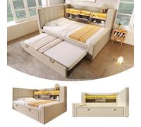 Kebnor Cama tapizada de 90 x 200 cm con cama nido de 90 x 190 cm, con iluminación LED, cabecero en forma de L con espacio de almacenamiento, montaje por ambos lados, somier, lino (sin colchón) (beige)