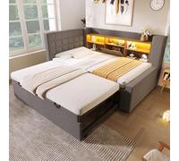 Kebnor Cama tapizada de 90 x 200 cm con cama nido de 90 x 190 cm, con iluminación LED, cabecero en forma de L con espacio de almacenamiento, montaje por ambos lados, somier, lino (sin colchón) (gris)