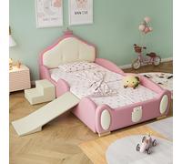 Kebnor Cama tapizada, diseño de dibujos animados, con tira LED multimodo, cuna con pequeña y escalera, con bordes suaves protectores, con listones de madera, PU, rosa + beige, 90 x 200 cm