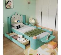Kebnor Cama tapizada para niños, cama individual, cama de nubes con lámpara de lectura LED y puerto USB, cajón de almacenamiento, montaje izquierdo/derecho, estante plegable, taburete, protección