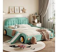 Kebnor Cuna, cama para coche con tobogán y escalera, montaje a izquierda y derecha, cama acolchada suave en color verde azulado, cama de juegos con protección contra caídas para habitación infantil