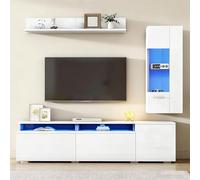 Kebnor Juego de 3 muebles de salón para TV, iluminación LED brillante, para salón, 1 armario de TV, 1 vitrina para salón, estante colgante, TV hasta 80 pulgadas, color blanco