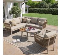 Kebnor Juego de salón de jardín para 5 - 6 personas, gran juego de sofá de exterior, 6 piezas de ratán sintético con banco impermeable y juego de cojines, sofá esquinero modular para terraza, balcón