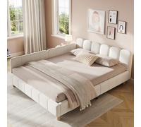Kebnor Lit capitonné, lit Enfant 140 x 190 cm, Avec tête de lit capitonnée et barrière de sécurité, Pieds en Bois macizo, terciopelo, beige.