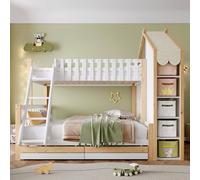 Kebnor Litera, 90 x 200 cm+140 x 200 cm, barandilla de cama, moldura de casa, escalera, 2 cajones, valla irregular, sin colchón, blanco + natural