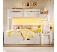 Kebnor Litera, 90 x 200 cm+140 x 200 cm, escalera, barandilla, varios armarios abiertos, posición de escalera opcional, 1 cajón, barra de luz LED, sin colchón (blanco)