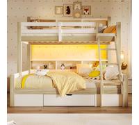 Kebnor Litera, 90 x 200 cm+140 x 200 cm, escalera, barandilla, varios armarios abiertos, posición de escalera opcional, 1 cajón, barra de luz LED, sin colchón (blanco + natural)