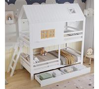 Kebnor Litera, cama infantil, con hermosas ventanas y techo, somier de listones estable y escalera, con dos cajones grandes, pino + MDF, madera contrachapada, blanco y natural, 90 x 200 cm