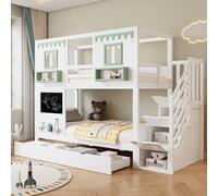 Kebnor Litera, cuna, con pequeña zona de tablero perforado + 5 ganchos de madera incluidos, dos cajones, con armario de almacenamiento de escaleras, pino + MDF + madera contrachapada, blanco y verde