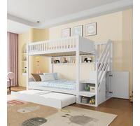 Kebnor Litera infantil, con cama nido, con estantería, con armario, con compartimento de almacenamiento, 90 x 200 cm, blanco (sin colchón) (blanco)