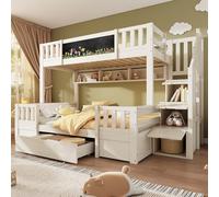 Kebnor Litera para 3 niños, 90 x 200 y 140 x 200 cm, de madera maciza con pizarra, escalera, 2 cajones y armario de escalera, cama alta estable, cama juvenil (blanco)