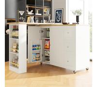 Kebnor Mesa alta giratoria 360° (135-203 x 39 x 106 cm) con ruedas, con tres cajones. Viene con soporte para aperitivos. Isla de almacenamiento multifuncional, adecuada para cocina y sala de estar
