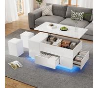 Kebnor Mesa de centro 4 en 1, mesa de sofá ajustable con LED, mesa de café con 2 cajones, mesa brillante con sofá y 2 taburetes, mesa auxiliar con espacio de almacenamiento oculto, capacidad de carga