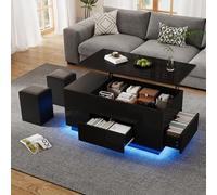 Kebnor Mesa de centro 4 en 1, mesa de sofá ajustable con LED, mesa de café con 2 cajones, mesa brillante con sofá y 2 taburetes, mesa auxiliar con espacio de almacenamiento oculto, capacidad de carga