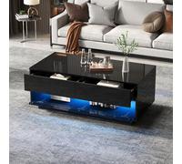 Kebnor Mesa de centro de alto brillo, mesa de té con 2 cajones, barra de luz LED Bluetooth, espacio de almacenamiento, sofá con deflector de vidrio templado, mesa auxiliar, mesa auxiliar, color negro