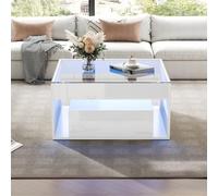 Kebnor Mesa de centro, mesa auxiliar con 2 cajones, mesa de sofá, mesa de café brillante, mesa de salón con diseño calado, escritorio y mesa de comedor de cristal templado con LED 70 x 70 x 35 cm