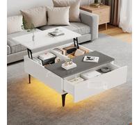 Kebnor Mesa de centro, mesa de café ajustable en altura con espacio de almacenamiento oculto y estantes, mesa de salón de alto brillo, mesa de sofá con cajones 70 x 70 x 35 cm (blanco)