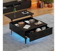 Kebnor Mesa de centro, mesa de café ajustable en altura con espacio de almacenamiento oculto y estantes, mesa de salón de alto brillo, mesa de sofá con cajones 70 x 70 x 35 cm (negro)