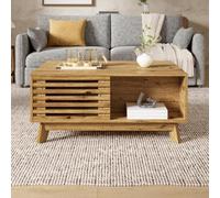 Kebnor Mesa de centro moderna retro, altura ajustable, puerta corredera, aspecto madera, cuerpo de MDF, mesa de salón multifuncional