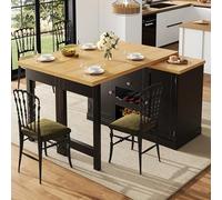 Kebnor Mesa de comedor extensible de 120 a 197 cm, giratoria 360°, con botellero y estantes para aperitivos, puertas magnéticas, soporta hasta 60 kg, color negro