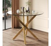 Kebnor Mesa de comedor redonda de 80 x 80 x 75 cm, tapa de cristal, estilo moderno, patas doradas, se puede utilizar como mesa de centro/mesa auxiliar, estilo minimalista moderno (oro + cristal)