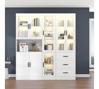 Kebnor Moderno juego de vitrina blanca de 200 cm de alto y 180 cm de largo, vitrina blanca con iluminación LED, 8 puertas, 3 cajones - perfecto para la presentación de su casa (180 x 40 x 200 cm)