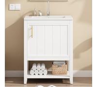 Kebnor Mueble de baño individual para lavabo de 60 cm con lavabo de cerámica, con estante (blanco)