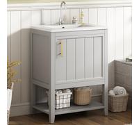 Kebnor Mueble de baño individual para lavabo de 60 cm con lavabo de cerámica, con estante (gris claro)