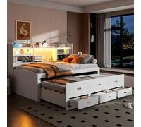 Kebnor Sofá cama, cama diurna, cama de día, mando a distancia LED, 3 cajones, mesita de noche, cama extensible multifuncional con USB+Type-c, sin colchón, blanco (90 x 200 cm)