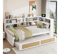 Kebnor Sofá cama de madera con cama nido, cama individual multifuncional, con muchos compartimentos de almacenamiento y puerto de carga (sin colchón) (color blanco (con cama nido), 90 x 200 cm