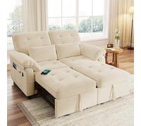 Kebnor Sofá cama doble 3 en 1 con respaldo ajustable y función de cama, sofá cama convertible con puerto de carga USB, tela chenilla, incluye 2 cojines (beige)