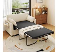 Kebnor Sofá cama extensible de 2 plazas con función de dormir, puerto de carga USB, mesa lateral plegable, colchón, dos sábanas y dos almohadas, ideal para salón y apartamentos (beige)