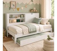 Kebnor Sofá cama individual con cama nido 90 × 190, marco de cama blanco con espacio de almacenamiento, compartimento abierto, almacenamiento plegable oculto, estación de carga USB/USB-C, somier de