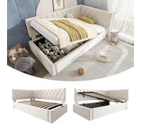 Kebnor tapizada de día 90 x 190 cm, sofá cama con almacenamiento hidráulico, cama infantil/juvenil