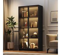 Kebnor Vitrina de cristal con aplicación de iluminación LED, vitrina de doble puerta con estantes móviles, 80 x 40 x 160 cm, armario alto para salón, vitrina de pie, armario de baño
