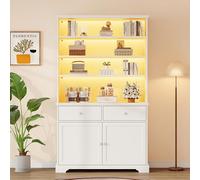 Kebnor Vitrina de pie con 2 puertas, vitrina de cristal con LED, armario multifunción con 2 cajones, 100 x 38 x 170 cm (blanco-D)