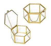 Keboyoe 2 Pezzi Portagioie in Vetro Dorato Trasparente Scatola di Vetro per Gioielli 10 x 5.3CM Scatola di Anelli Geometrica Esagonale Trasparente per Gioielli, Orecchini, Anelli, Collane