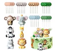 Keboyoe 36 piezas de decoración para tarta de cumpleaños de animales de selva, incluye 6 animales tridimensionales y 30 bolas decorativas multicolores
