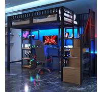 KecDuey Cama alta, 90 x 200 cm, cama de metal, marco de hierro, bandeja de almacenamiento, escalera con espacio de almacenamiento, escritorio, barra de luces LED, puerto USB incluido, sin colchón